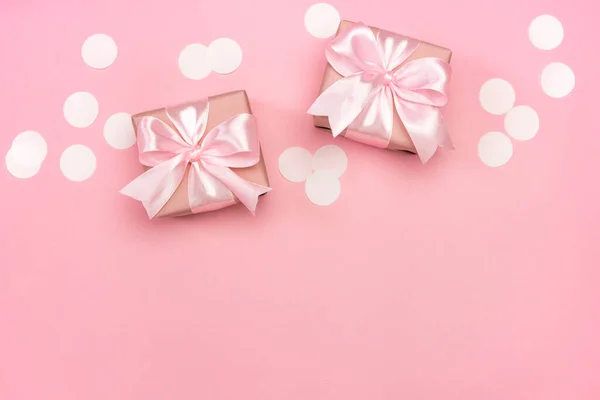 Two Gifts Present Boxes Decorated Confetti Pink Pastel Background Top — Stock Photo, Image