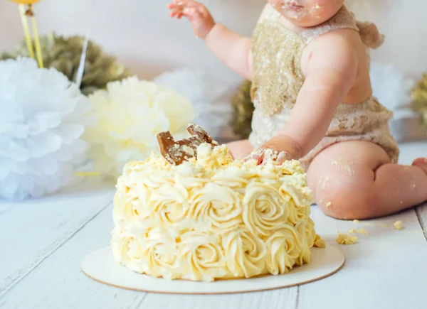 Curieux Bebe Fille Piquer Doigt Dans Son Premier Gateau D Anniversaire Creme Smash Stock Photo Curieux Bebe Fille Piquer Doigt Dans Son Premier Gateau D Anniversaire Creme Smash Stock Photo