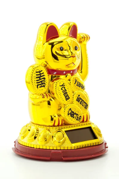 Cat Maneki Neko Con Pannello Solare Sfondo Bianco — Foto Stock