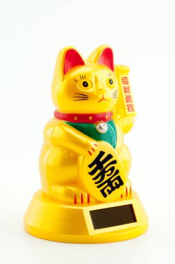 Kedi Maneki-Neko güneş paneli üzerindeki beyaz adam ile