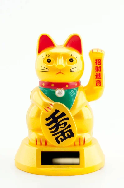 Cat Maneki-Neko with solar panel on white backgroun