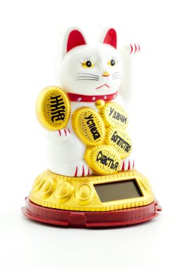 Kedi Maneki-Neko güneş paneli üzerindeki beyaz adam ile