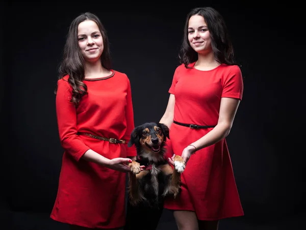 Chicas Vestidos Rojos Con Perros Fondo Negro — Foto de Stock