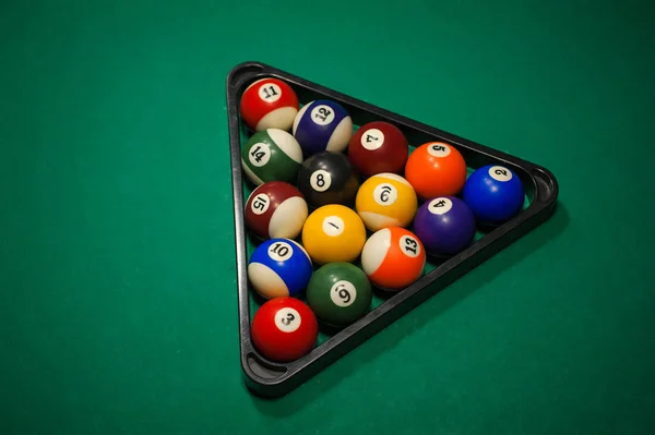 Sport Billiard Balls Set Arranged Shape Triangle Green Billiard Table — Stock Photo, Image