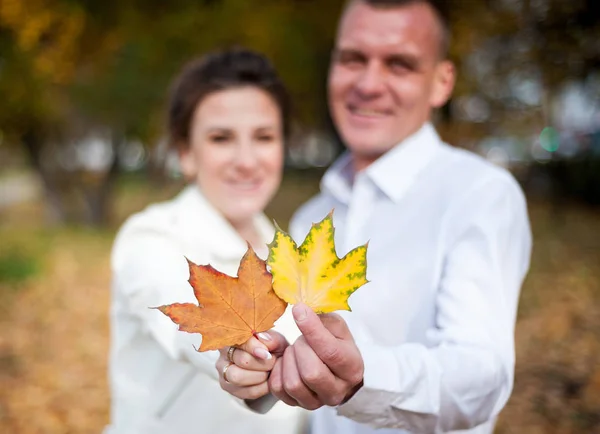 loving couple blurred, holding autumn leave