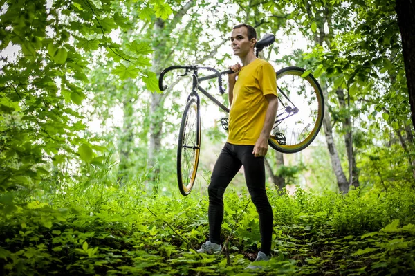 Young Man Stopped Rest His Bicycle Public Park Enjoys Early — Stock Photo, Image