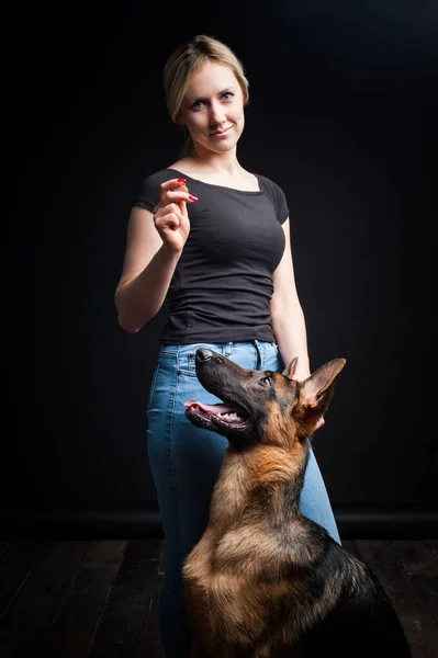 Una Mujer Alimenta Cachorro Pastor Alemán Mano Primer Plano Sobre — Foto de Stock