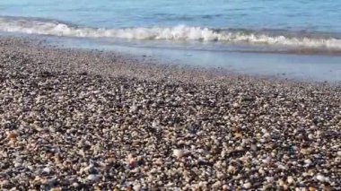 Deniz dalgaları kıyıda yuvarlanıyor. Kıyı şeridinden denizin video çekimi.