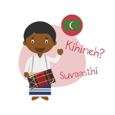 Çizgi film karakteri Merhaba illüstrasyon vektör ve Dhivehi içinde hoş geldiniz