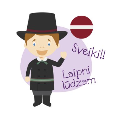 Çizgi film karakteri Merhaba illüstrasyon vektör ve Letonya içinde hoş geldiniz