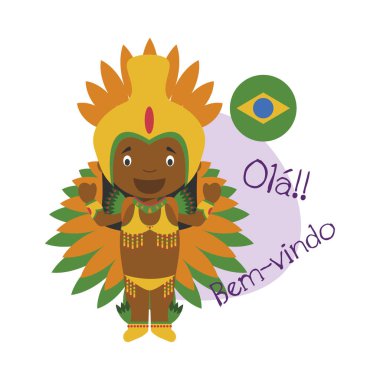 Çizgi film karakteri Merhaba illüstrasyon vektör ve Brezilya içinde hoş geldiniz
