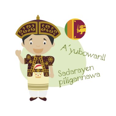 Çizgi film karakteri Merhaba illüstrasyon vektör ve Sinhalese içinde hoş geldiniz