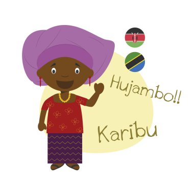 Çizgi film karakteri Merhaba illüstrasyon vektör ve Swahili içinde hoş geldiniz