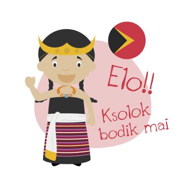 Çizgi film karakteri Merhaba illüstrasyon vektör ve Tetum içinde hoş geldiniz