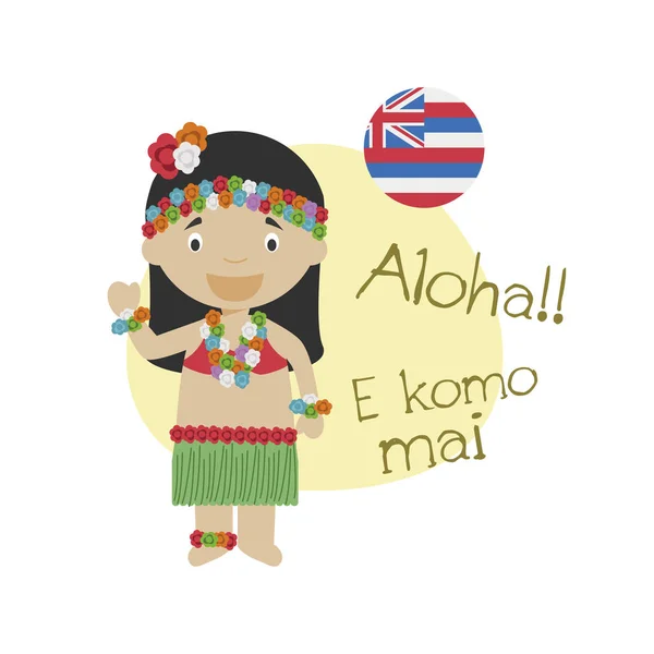 Vektor Ilustrasi Karakter Kartun Mengatakan Halo Dan Selamat Datang Hawaii - Stok Vektor