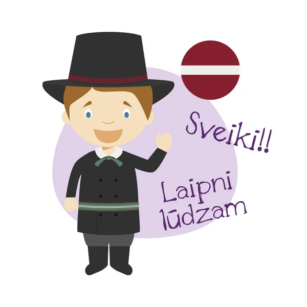 Vektorové Ilustrace Kreslená Postava Rčení Hello Vítejte Lotyštině — Stockový vektor