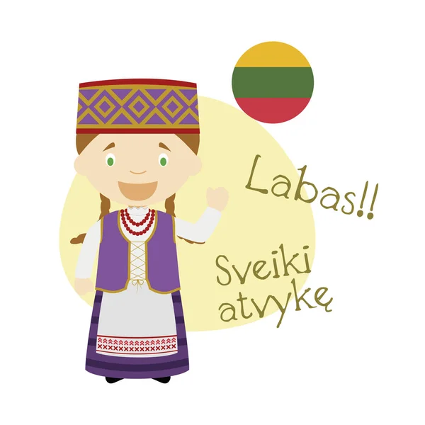 Vektorové Ilustrace Kreslená Postava Rčení Hello Vítejte Litevštině — Stockový vektor