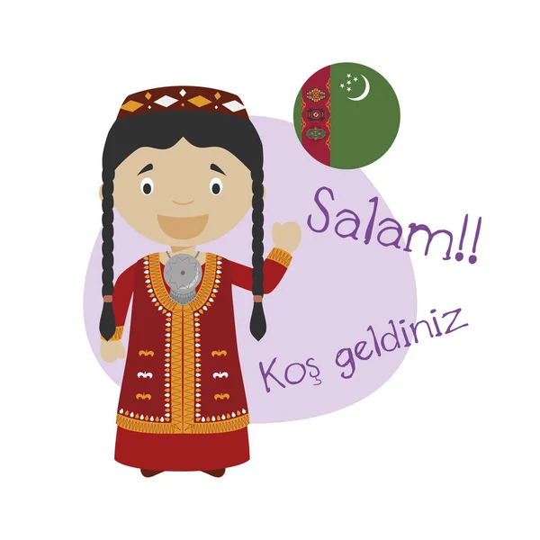 Vektor Illustration Tecknad Karaktär Säga Hej Och Välkommen Turkmeniska — Stock vektor