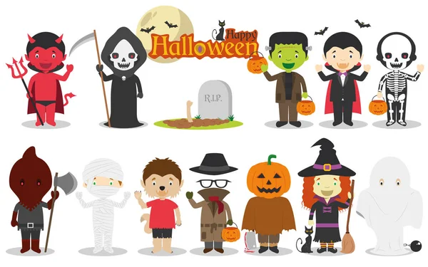 Set of Halloween characters for children, including Dracula, Frankenstein, devil, witch, skeleton, pumpkin, mummy and more. Vector illustration — Stock Vector