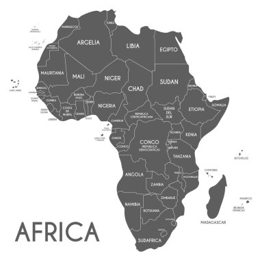 Siyasi Afrika harita vektör çizim ülke adları İspanyolca beyaz zemin üzerine izole. Düzenlenebilir ve açıkça etiketlenmiş katmanları.