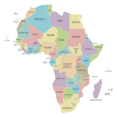 Siyasi Afrika harita vektör çizim ülke adları İspanyolca beyaz zemin üzerine izole. Düzenlenebilir ve açıkça etiketlenmiş katmanları.