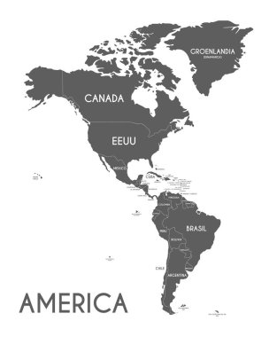 Siyasi Amerika harita vektör çizim ülke adları İspanyolca beyaz zemin üzerine izole. Düzenlenebilir ve açıkça etiketlenmiş katmanları.