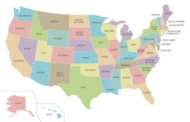 ABD harita vektör çizim ülke adları İspanyolca beyaz zemin üzerine izole. Düzenlenebilir ve açıkça etiketlenmiş katmanları.