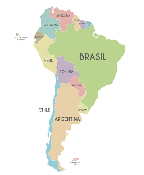 スペイン語の国名と白い背景で隔離は政治的な南アメリカ地図ベクトル イラスト 編集可能な明確にラベル付けされたレイヤー — ストックベクタ