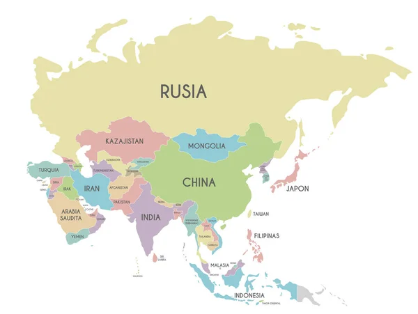 Asia Politica Illustrazione Vettoriale Della Mappa Isolata Sfondo Bianco Con — Vettoriale Stock