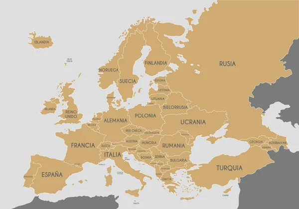 Europa Politica Mappa Illustrazione Vettoriale Con Nomi Dei Paesi Spagnolo — Vettoriale Stock