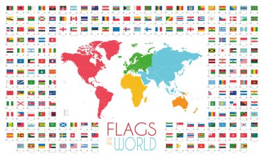 204 Dünya bayrakları ile dünya harita kıta vektör çizim ile