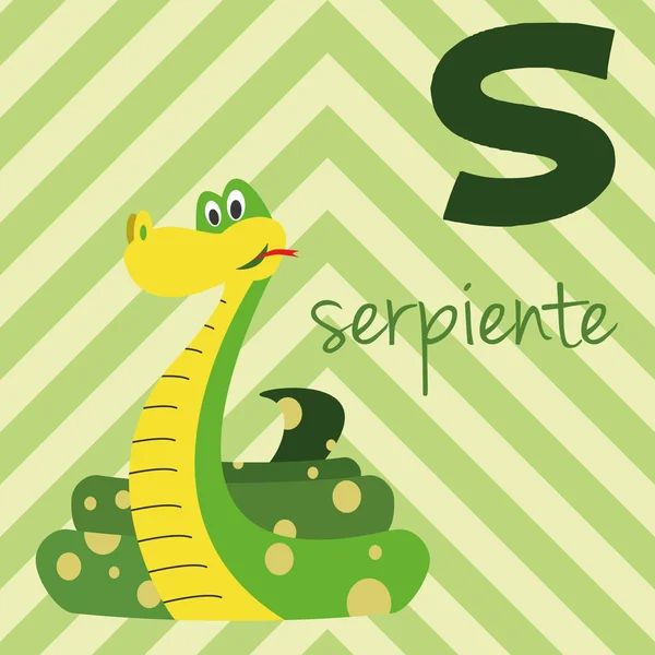 Cute Cartoon Zoo Illustrated Alphabet Funny Animals Spanish Alphabet Serpiente — Stock Vector