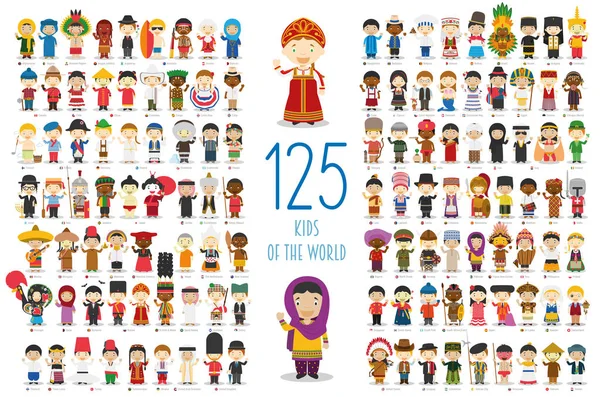 Kids World Vector Characters Collection Set 125 Children Different Nationalities — Stock Vector