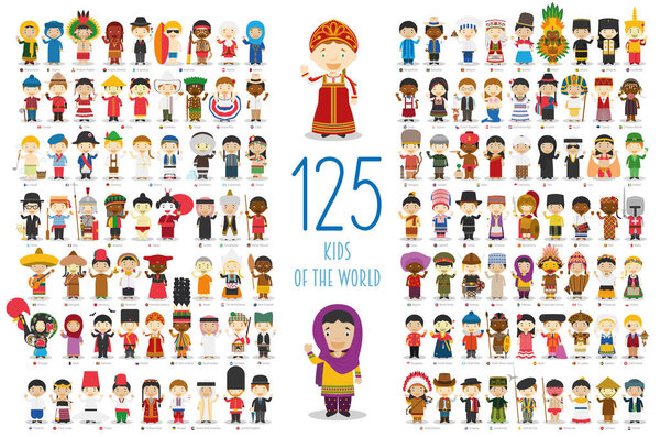 Kids of the World Vector Characters Collection: Set of 125 children of different nationalities in cartoon style.