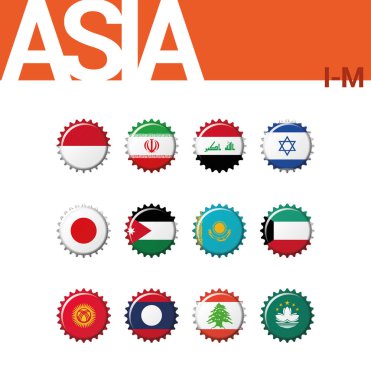 12 şişe kapağı bayraklar Asya (I-M) kümesi. 2 / 4 ayarlayın. Vektör çizim. Endonezya, Iran, Irak, İsrail, Japonya, Ürdün, Kazakistan, Kuveyt, Kırgızistan, Laos, Lübnan, Makao.