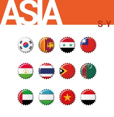 12 şişe kapağı bayraklar Asya (S-Y) kümesi. 4 / 4 ayarlayın. Vektör çizim. Güney Kore, Sri Lanka, Suriye, Tayvan, Tacikistan, Tayland, Timor Leste, Türkmenistan, Birleşik Arap Emirlikleri, Özbekistan, Vietnam, Yemen.