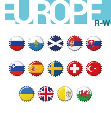 Avrupa (R-W) 14 şişe kapağı bayrakları kümesi. 4 / 4 ayarlayın. Vektör çizim. Rusya Federasyonu, San Marino, İskoçya, Sırbistan, Slovakya, Slovenya, İspanya, İsveç, İsviçre, Türkiye, Ukrayna, İngiltere, Vatikan, Galler.