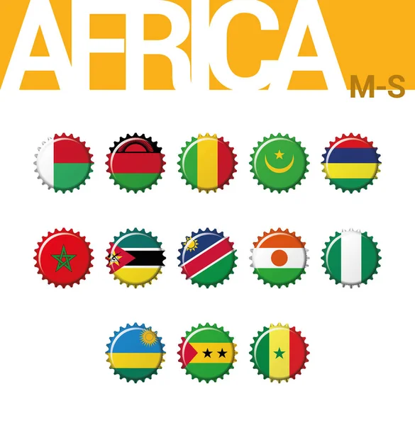 Набір Пляшку Кришкою Прапори Африки Набір Векторні Ілюстрації Мадагаскар Малаві — стоковий вектор