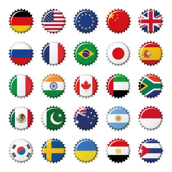 集25旗世界顶级国家瓶盖 矢量插图 — 图库矢量图片
