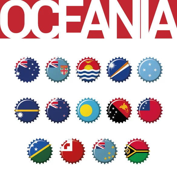 Set Banderas Tapa Botella Oceanía Ilustración Vectorial Australia Fiyi Kiribati — Archivo Imágenes Vectoriales