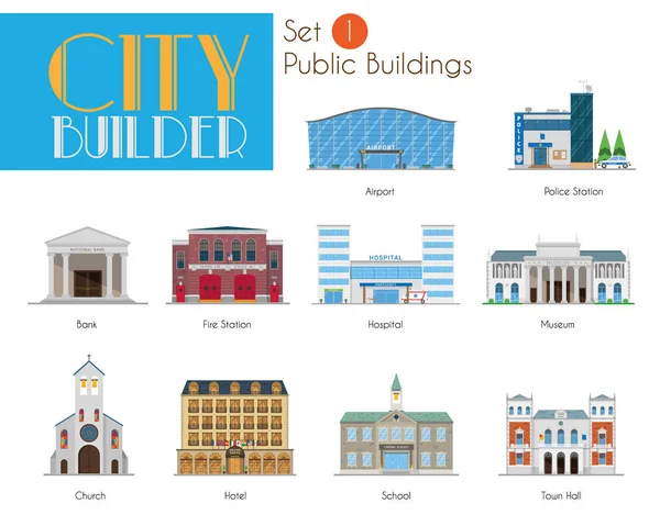 City Builder Set Public Municipal Buildings — Stock Vector