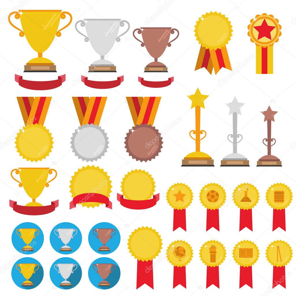 Set of tropheys, medals, icons adn ribbons for winners in competitions