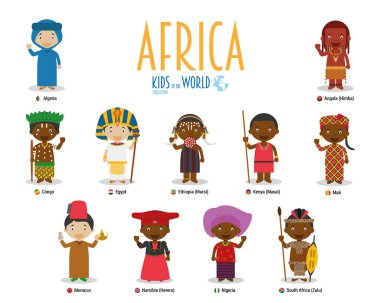 Çocuklar ve milletlerden dünya vektörünün: Afrika. 11 karakter kümesi farklı ulusal kostümler giymiş.