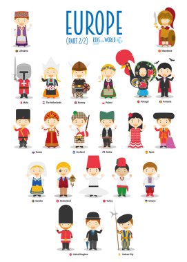 Çocuklar ve milletlerden dünya vektörünün: Avrupa Set 2 2. 22 karakter kümesi farklı ulusal kostümler giymiş.