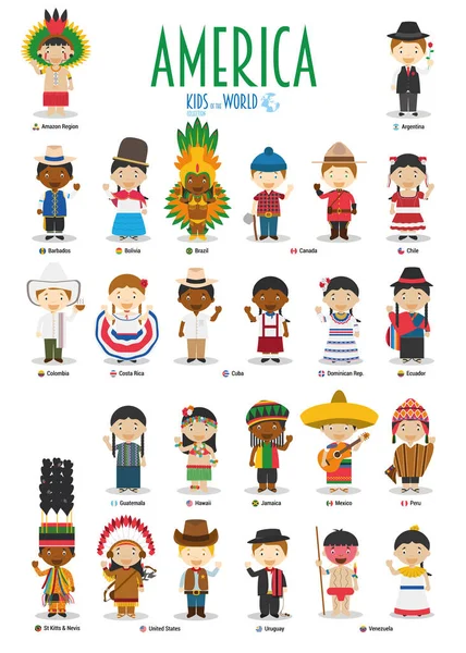 Kids and nationalities of the world vector: America. Conjunto de 25 personajes vestidos con diferentes trajes nacionales . — Archivo Imágenes Vectoriales
