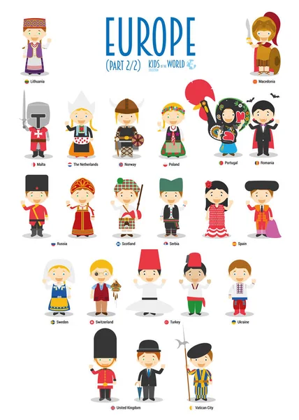 Kids and nationalities of the world vector: Europe Set 2 of 2 (en inglés). Conjunto de 22 personajes vestidos con diferentes trajes nacionales . — Archivo Imágenes Vectoriales