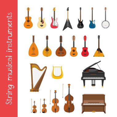 Vector illustration set of string musical instruments in cartoon style isolated on white background clipart