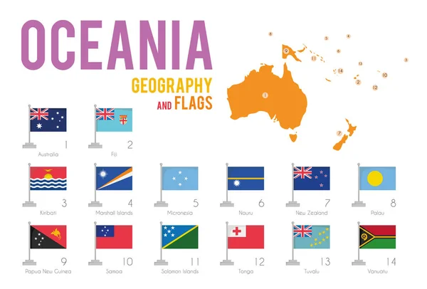 Uppsättning Flaggor Över Oceanien Isolerad Vit Bakgrund Och Karta Över — Stock vektor
