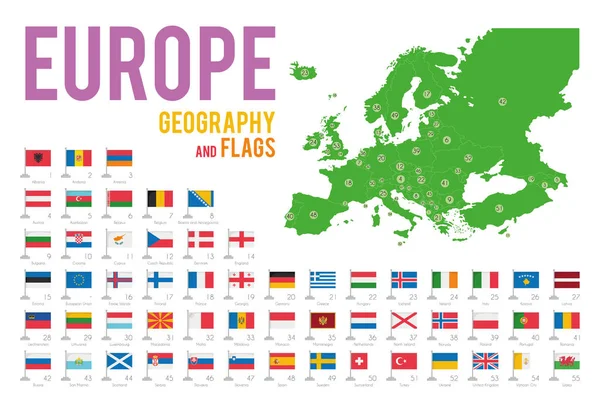 Ensemble Drapeaux Europe Isolés Sur Fond Blanc Carte Europe Avec — Image vectorielle