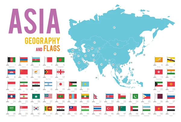 Conjunto Bandeiras Ásia Isoladas Fundo Branco Mapa Ásia Com Países — Vetor de Stock